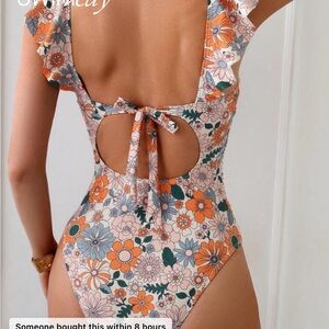 Floral Tie-Back One-Piece Swimsuit - Orange & Green